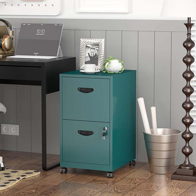 SteeLoong 2 Drawer File Cabinet with Lock,Green Rolling File Cabinet for Home Office,Printer Stand, Metal Small Mobile Filing Cabinets on Wheels for Hanging Letter