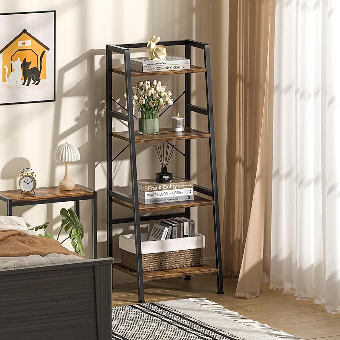 4-Tier Bookshelf, Ladder Shelf, Stand Up Shelves, Industrial Bookcase with Steel Frame, Metal Small Bookcase, for Living Room, Home Office, Kitchen, Bedroom, Industrial Style （Rustic Brown & Black）