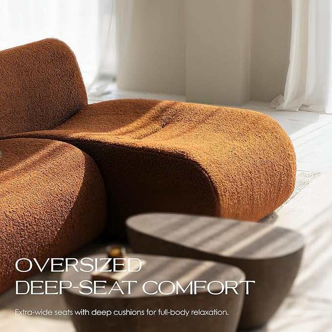 105" Curved Sectional Sofa with Chaise, Boneless 3 Seater Modular Couch, Reversible L-Shaped Couches with High-Density Foam, Modern Lounge Comfort Sherpa Sofas for Living Room – No Assembly, Brown