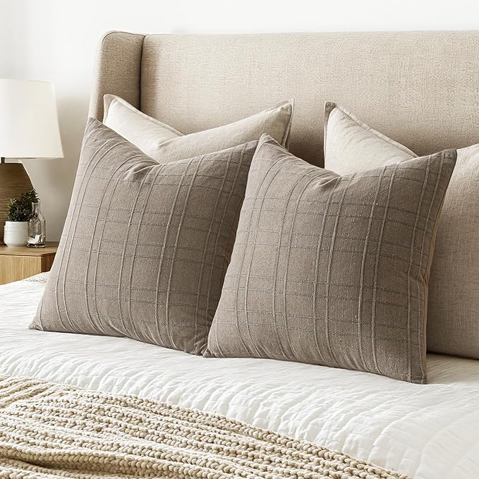 MIULEE Decorative Linen Check Throw Pillow Covers Neutral Farmhouse Vintage Pillow Covers 18x18 Set of 2 Boho Modern Winter Home Decor for Sofa Couch Bedroom Cushion Tan Taupe
