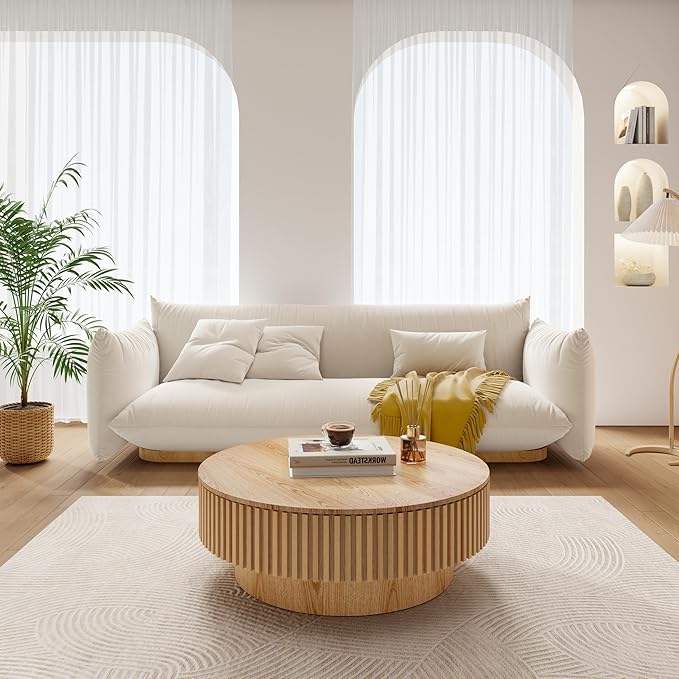 39.37'' Round Coffee Table with Storage, Modern Fluted Circle Coffee Table Unique Drum Low Center Tea Table with Solid Wood Veneered for Living Room, Mesas De Centro para Sala, Natural