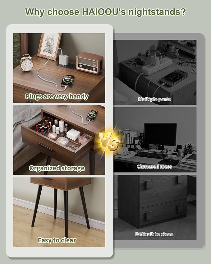 HAIOOU Mid Century End Table with Charging Station, Modern One Drawer Nightstand Side Table with Premium Matte Black Handle and Pine Wood Legs for Home Bedroom Living Room