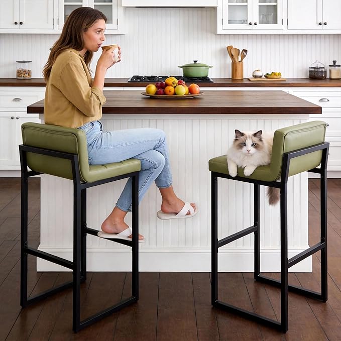 FIRAVOE Set of 2 Bar Stools, Modern Counter Stool, Upholstered Faux Leather Barstools with Back, Comfortable 30-inch Seat Height Island Chairs for Kitchen Island (Avocado Green, 2Pcs 30" Bar Stools)