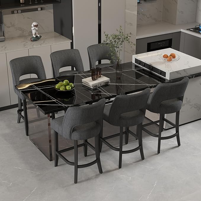 VKNOW Bar Stools Set of 6, 26" Upholstered Counter Height Bar Stools, Modern Counter Stools with Black Legs for Kitchen Island Dining Room Bar, Dark Grey-Black Legs