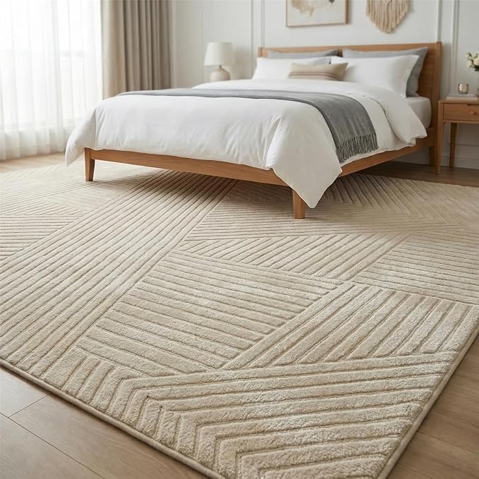 5x7 Solid Color Area Rugs, Brown Modern Geometric Rug, Living Room Rug, Durable Non-Slip Soft High-Low Pile, Fluffy Floor Rugs for Bedroom, Kids Room, Nursery, Home Décor, Light Brown