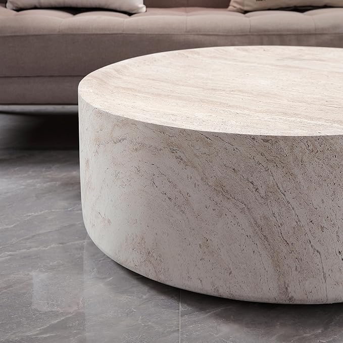 WILLIAMSPACE 31.5" Round Coffee Table in Faux Marble, Modern Circle Faux Stone Center Table Travertine Drum Tea Table for Living Room, Outdoor, Magnesium Oxide, Light Beige