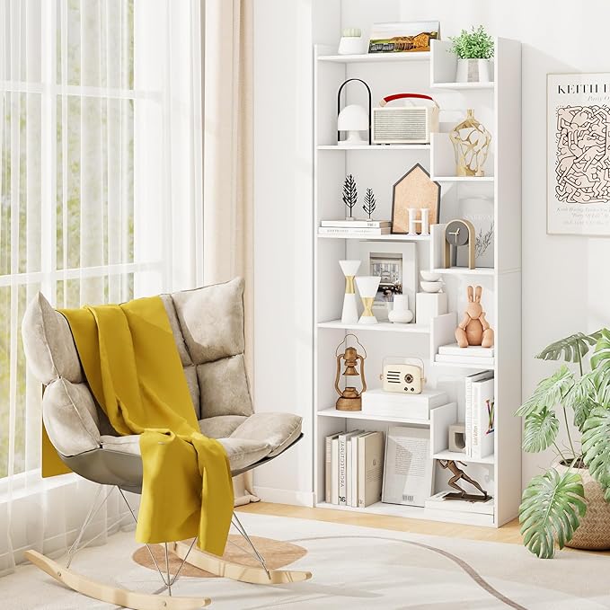 Tangkula 6-Tier Bookshelf, 64”H Tall Open Bookcase with Anti-Tip Kits, Home Office Free-Standing Wood Room Divider Display Book Shelf, Modern 11-Shelf Storage Rack for Study, Living Room (1, White)
