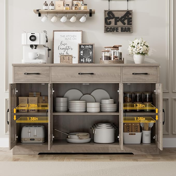 HOSTACK Buffet Sideboard Cabinet with Drawers, 55" Large Buffet Storage Cabinet with Shelves and Doors, Modern Farmhouse Coffee Bar Station for Kitchen, Dining Room, Ash Grey