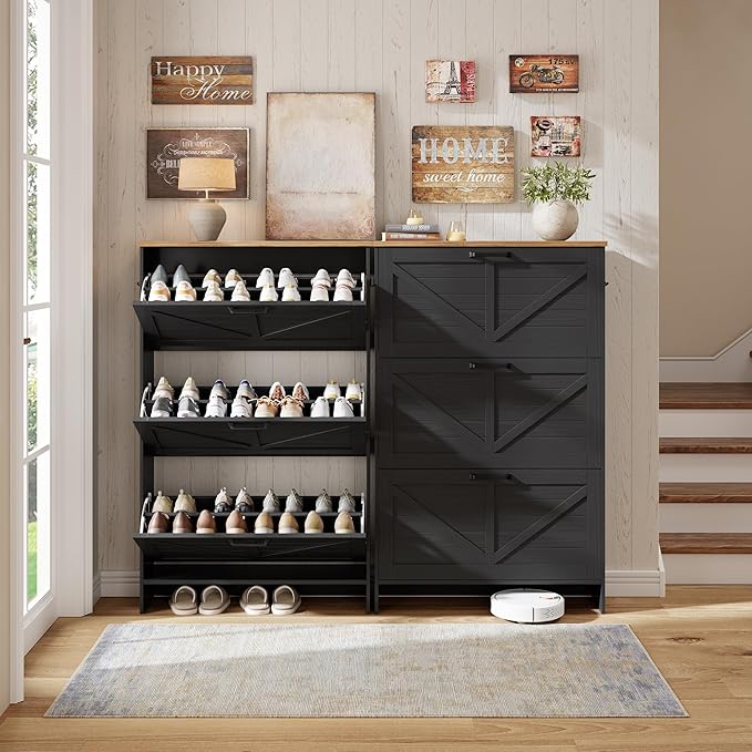 Shaker Barn Door Shoe Cabinet - 3 Flip Drawers & 3-Tier Adjustable Shelves, Ultra Slim Freestanding, Modern Rustic Brushed Black Farmhouse Shoe Rack for Entryway, Hallway, Foyer & Mudroom Black