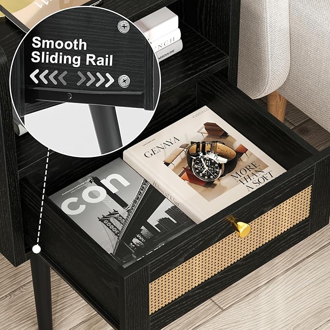 MECHYIN Night Stand Set 2, Nightstands Set of 2 with Charging Station, Rattan Side Tables with Solid Wood Legs, Boho Bedside End Table for Apartment Bedroom Dorm Small Space - Black