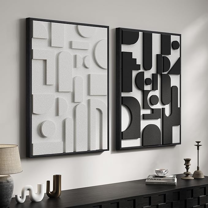 Large 3D Textured Framed Black and White Abstract Wall Art for Living Room, Set of 2 Modern Paintings Artwork for Walls, Minimalist Geometric Pictures for Bedroom Hallway Office Wall Decor 24x36 In