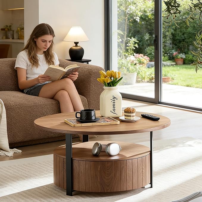 33.07" Round Coffee Table with Storage, 2 Tier Modern Wood Center Table with Drawer, 2 Tiers and 1 Drawer, Accent Table for Living Room, Apartment, Small Space.(Walnut)