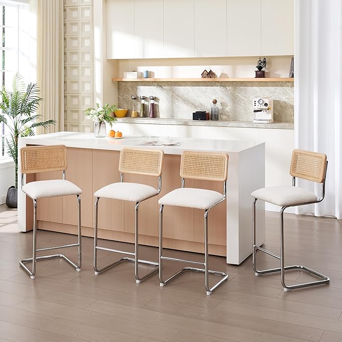 Zesthouse Rattan Bar Stools Set of 2, 30'' Upholstered Boucle Fabric Barstools with Wooden Back & Natural Cane Mesh, Mid Century Cantilevered Design High Chairs for Kitchen Bar with Chrome Base, White