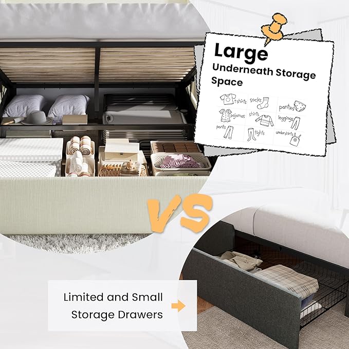 SHA CERLIN Queen Size Lift Up Storage Bed/Chenille Fabric Upholstered/Modern Wingback Headboard/Platform Bed Frame/Hydraulic Storage/No Box Spring Needed/Wood Slats Support/Cream