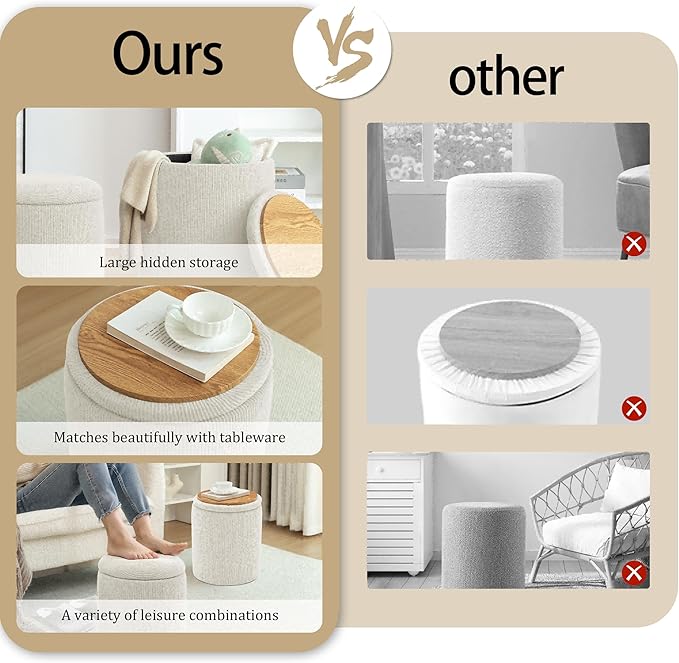 YSICK Round Ottoman with Storage, Set of 2, Small Vanity Stool as Vanity Chair, Corduroy Ottoman Foot Rest for Small Space, Living Room, Bedroom, Beige