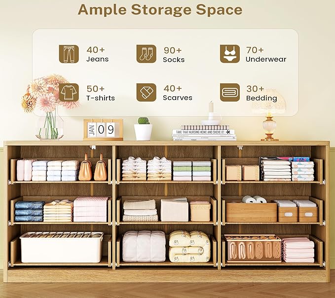 TEENFON 63" Dresser for Bedroom with 9 Drawers, Modern Dressers & Chest of Drawers with Metal Handles, Fluted Dresser, Wood Closet Clothes Storage Organizer for Living Room, Hallway, Natural