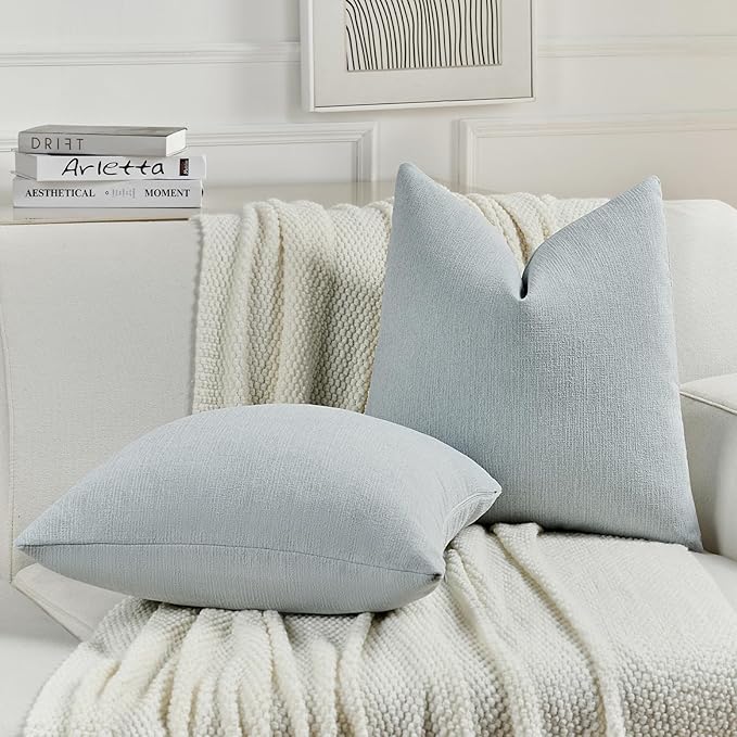 FUTEI Dusty Blue Chenille Decorative Throw Pillow Covers 16x16 Inch Set of 2,Soft Cozy Faux Linen Textured Cushion Case,Farmhouse Home Decor for Couch Living Room