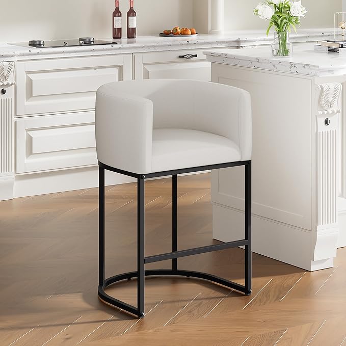 26" H Counter Height Bar Stools Set of 1, Modern Barrel Counter Stools with Backrest and Arms, Linen Fabric Upholstered Accent Barstools for Kitchen Island,Support 450 LBS (White)