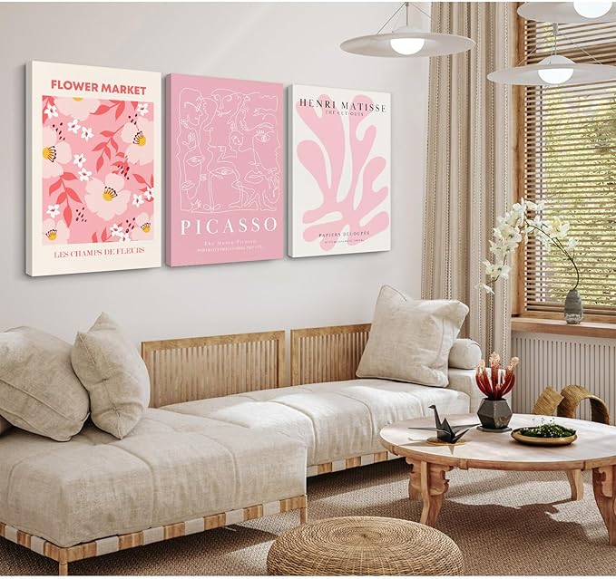 Matisse Abstract Wall Art Decor Pink Flower Canvas Pictures Picasso Aesthetic Wall Art Henri Matisse Prints Poster Abstract Flower Painting Market Artwork for Bedroom 16x24 Inch Framed Set of 3