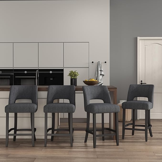 VKNOW Bar Stools Set of 4, 26" Upholstered Counter Height Bar Stools, Modern Counter Stools with Black Legs for Kitchen Island Dining Room Bar, Dark Grey-Black Legs