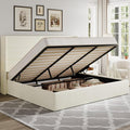Allewie King Size Lift Up Storage Bed, Chenille Fabric Upholstered, Modern Wingback Headboard, Hydraulic Support, No Box Spring Needed, Cream White