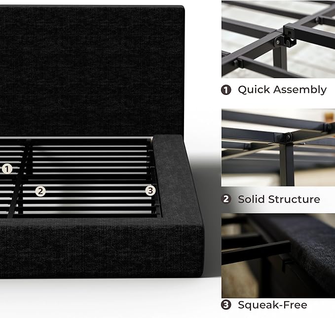 RECCI AirFrame Queen Bed Frame with Headboard, Cloud Upholstered Platform Bed Frame, 5 Inch Foam Cushioned, No Box Spring, Easy Assembly(Onyx Black)