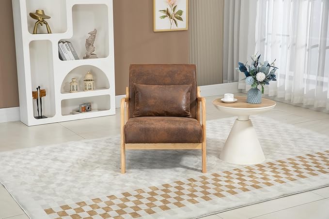 KEIKI Mid Century Modern Accent Chair Wood Frame, Cotton Linen Warm Lounge Armchair for Living Room Bedroom Reading Nook Small Space, Rustic Seat with Waist Cushion, Padded, Easy Setup, Antique Brown