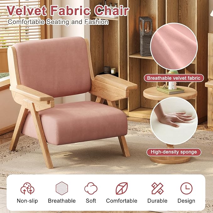 Accent Chair Mid Century Modern Chair, Velvet Upholstered Lounge Arm Chair with Solid Wood, Cozy Seating for Living Room, Bedroom, Balcony (Pink, Single Chair)