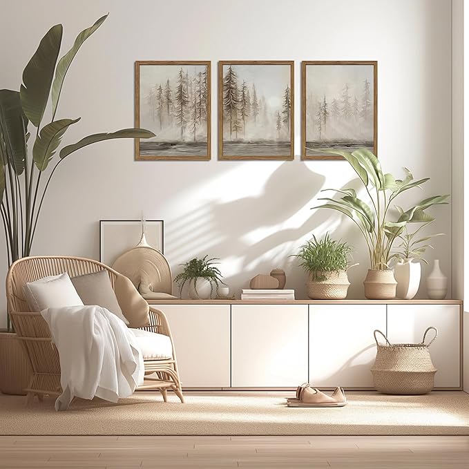 Framed Forest Wall Art Set of 3, Vintage Neutral Tree Canvas Wall Decor Paintings, Abstract Nature Landscape Artwork Pictures Prints for Living Room Office Bedroom 12x16 Inch