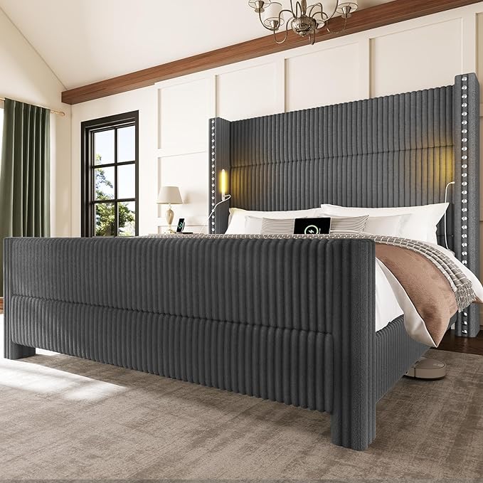 King Bed Frame with 56.7" Tall Headboard & Reading Lights, Corduroy Upholstered Wingback Platform Bed with Charging Station, Modern Retro Design, Noise Free, No Box Spring Required, Grey