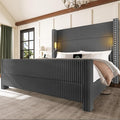 King Bed Frame with 56.7" Tall Headboard & Reading Lights, Corduroy Upholstered Wingback Platform Bed with Charging Station, Modern Retro Design, Noise Free, No Box Spring Required, Grey