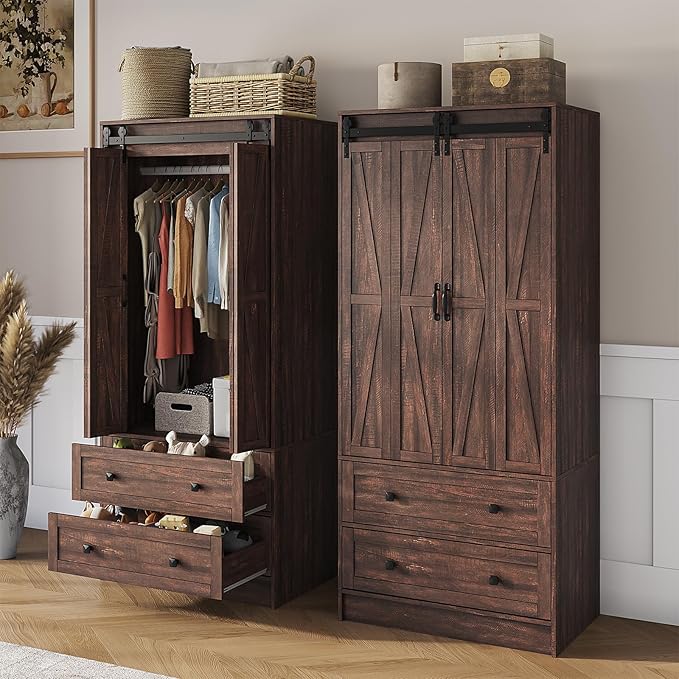 Maupvit Farmhouse Armoire with 2 Folding Sliding Barn Doors and Drawers 70.9" Tall Wooden Bedroom Wardrobe Closet with Spacious Storage Cabinet with Hanging Rod for Bedroom, Dark Brown