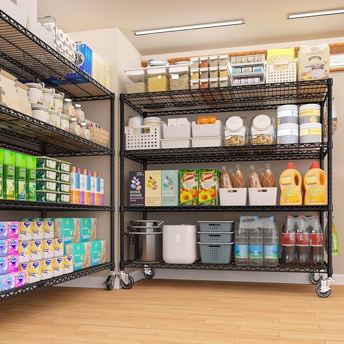 PrimeZone 5 Packs 55.5" W x 24" D x 80" H Heavy Duty Wire Storage Shelves with Wheels, 4 Tier Adjustable NSF Commercial Garage Shelving Unit, Rolling Metal Organizer Shelf Rack for Warehouse, Pantry