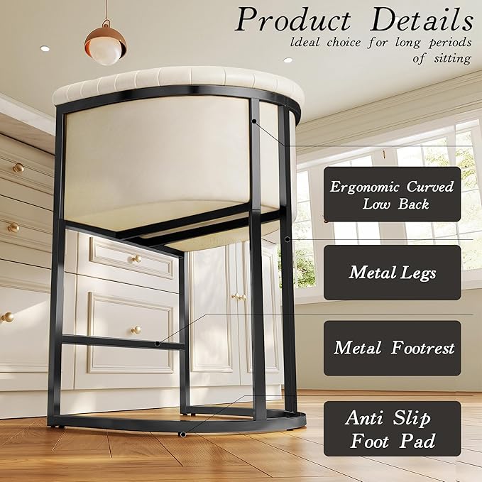 Modern Counter Height Bar Stools,Bar Stools Set of 3,Fabric Upholstered Barrel Barstools with Backs and Arms,26'' Kitchen Island Chairs,Metal Black Frames,Beige White Linen