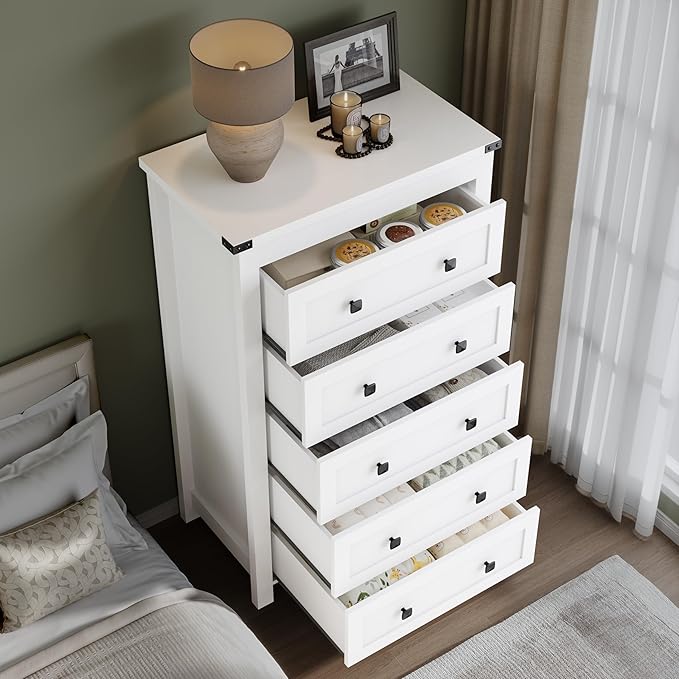 BORNOON Tall 5-Drawer Dresser, Modern Wooden Storage Chest of Drawers, Dresser TV Stand, Wood Drawer Organizer with Metal Handles for Bedroom, Living Room, Hallway