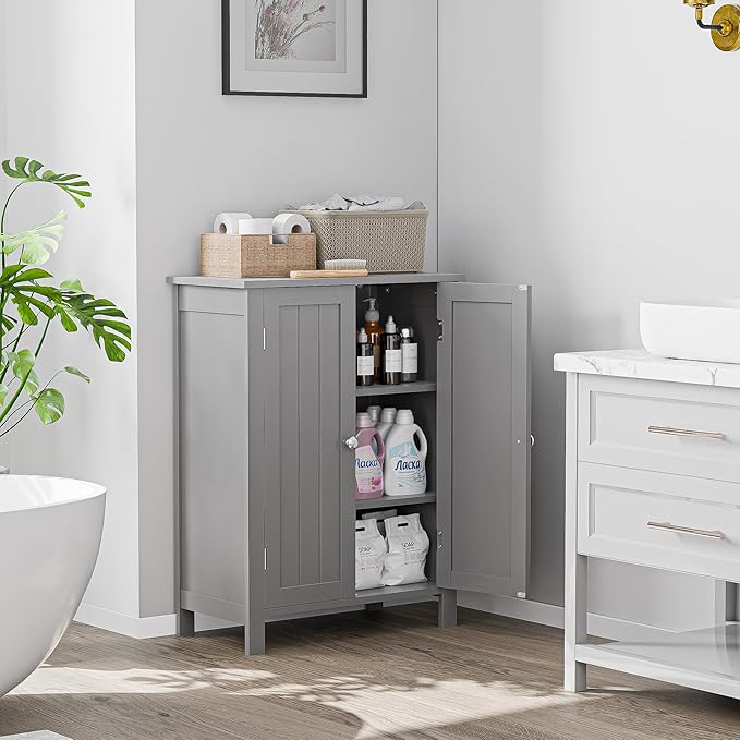SUPER DEAL Modern Bathroom Floor Storage Cabinet with Adjustable Shelf and Double Door Rust Proof, Living Room Modern Home Furniture Storage Organizer Cabinet, Grey