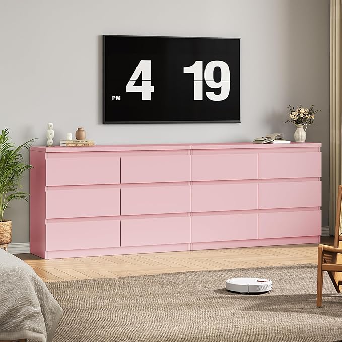 Jocoevol Modern Pink 6 Drawer Dresser - Simply Chest of Drawers for Bedroom, Closet, Living Room, Hallway, Entryway, Wood Storage Double Dresser with Smooth Metal Rails - Pink