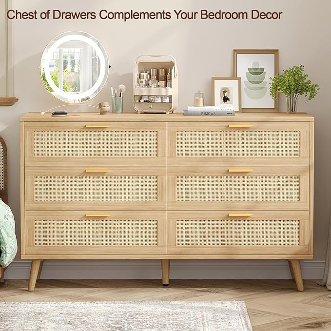 Rovaurx Rattan 6 Drawer Double Dresser for Bedroom, 47.2" Wide Boho Chest of Drawers, Modern Wooden Dresser Chest with Golden Handles, Beside Table for Closet, Living Room and Entryway, Natural Oak