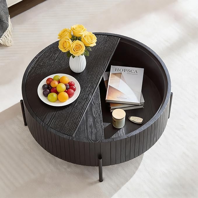 Modern 31.5” Round Coffee Table, Small Center Table with Large Built in Storage, MDF Wood Side Table, Dinning Table for Living Room, Apartment, Small Space.(Black)