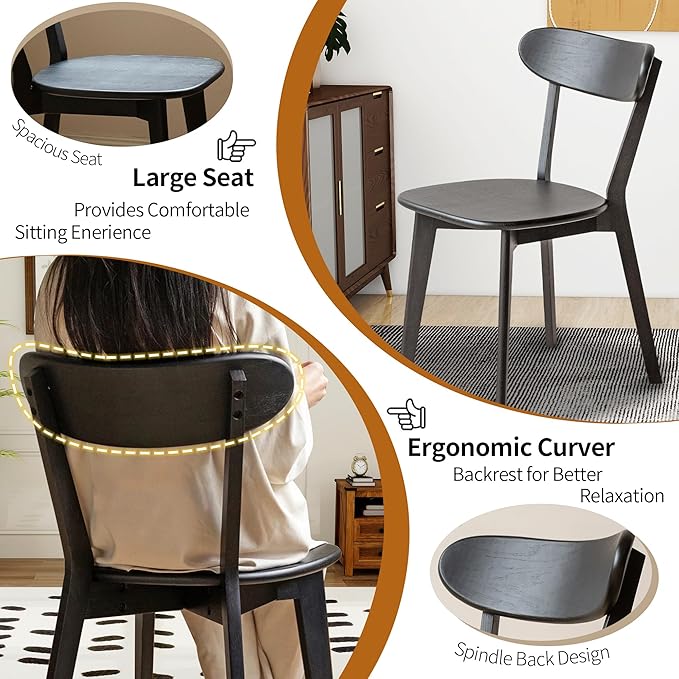 Modern Dining Chairs Set of 2, Solid Oak Wood Dining Chair with Comfortable Backrest, Sturdy Wooden Chairs for Kitchen, Dining Room, Black