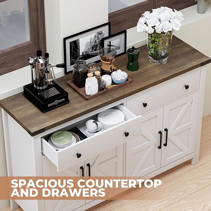 VVFLU 55" Modern Farmhouse Buffet Cabinet with Storage, Coffee Bar Cabinet with 2 Drawers and 4 Barn Doors, Sideboard Storage Cabinet for Kitchen, Dining Room, Living Room, White Wood
