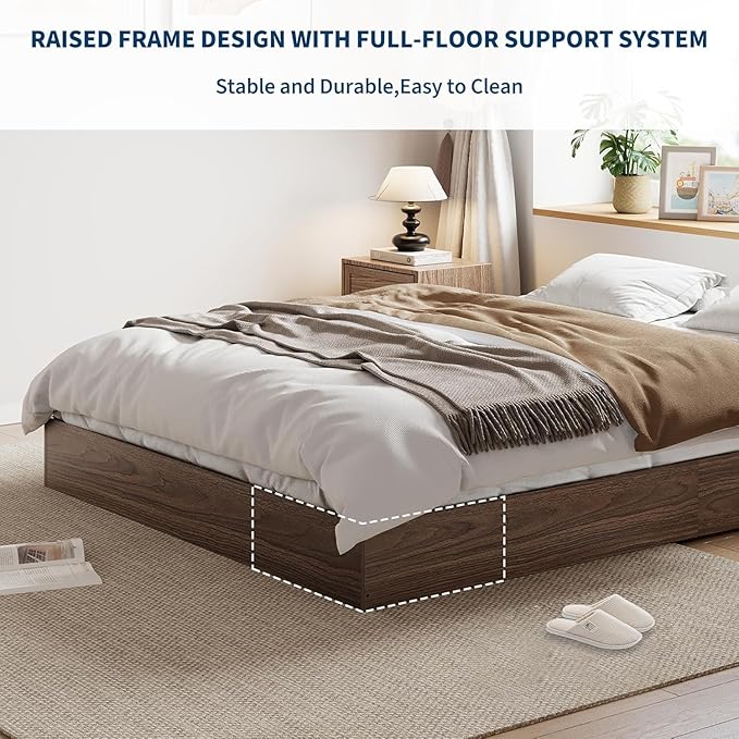 Twin XL Solid Wood Platform Bed with Sturdy Wooden Slats, Floor-Standing Bed Frame, Modern Minimalist Design Space-Saving Bed Frame, No Box Spring Needed, Space Saver, Easy Assembly, Walnut Wood