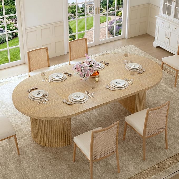 HUAHUU Extendable Round Dining Table for 4-8, 39in-77in Long Large Kitchen Table with Fluted Base, Space Saving Modern Farmhouse Oval Dinner Tables for Dining Room, Kitchen, Living Room, Natural