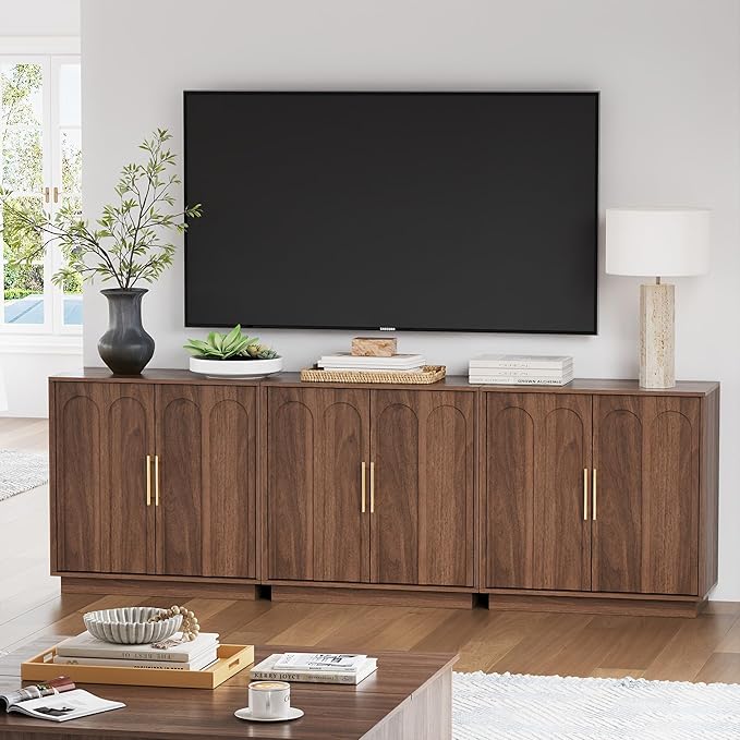 FORTUNETEC Sideboard Buffet Cabinet with Storage Set of 3, Mid Century Modern Accent Cabinet with Arched Doors, Modular Media Console, Credenza for Living Room Kitchen Dining Room Entryway, Walnut