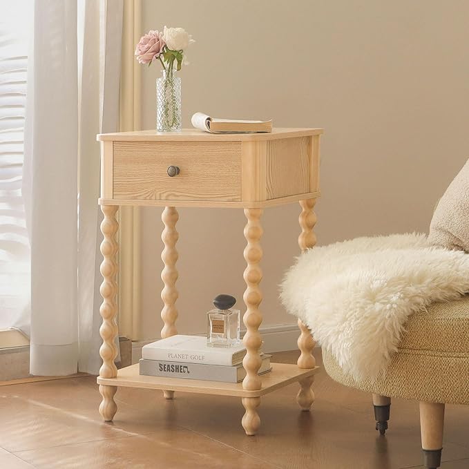 AWASEN Night Stand, Small End Table with Storage for Living Room, Farmhouse Bedside Side Table with Spindle Wood Legs for Bedroom, Office, Natural