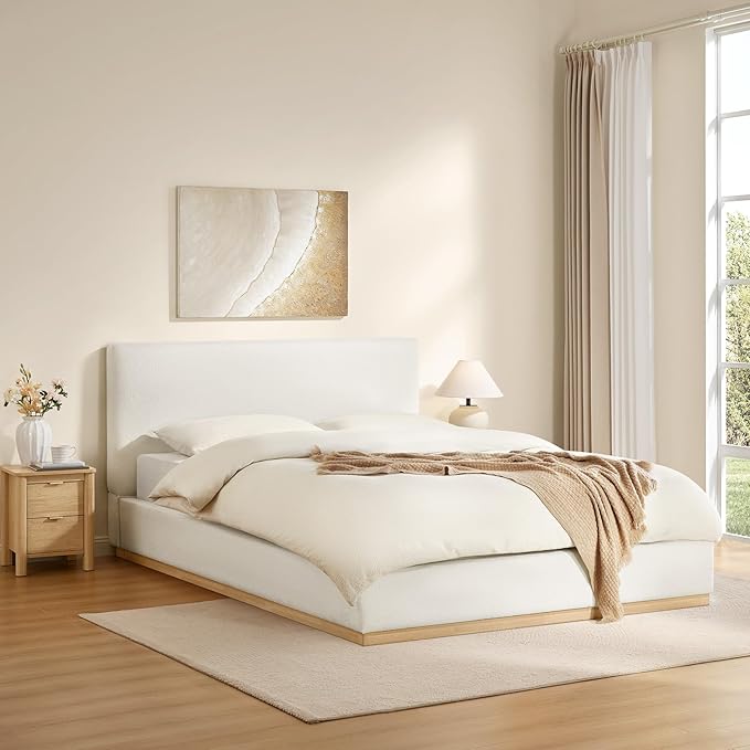KISLOT Upholstered Queen Size Bed Frame, Boucle Fabric Platform Bed Mattress Foundation Noise-Free No Box Spring Needed Easy Assembly