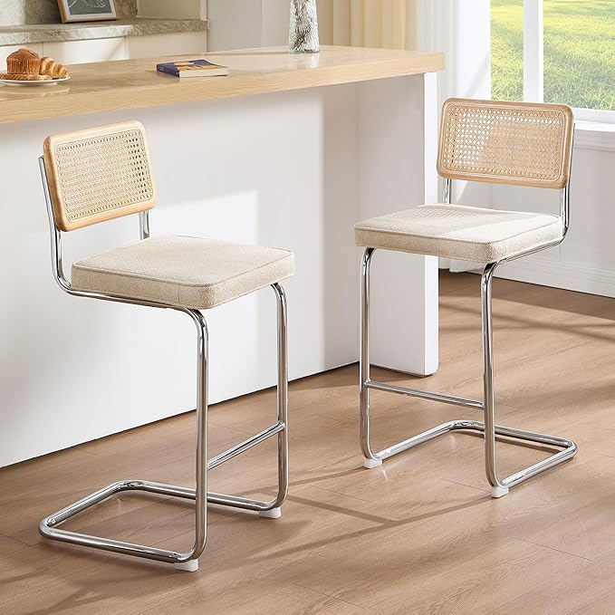 Zesthouse Rattan Counter Stools Set of 3, 26'' Mid Century Modern Bar Stool, Linen Fabric Counter Height Barstool with Solid Wood Back & Natural Cane Mesh, Boho Cantilever Island Chair Beige Yellowish