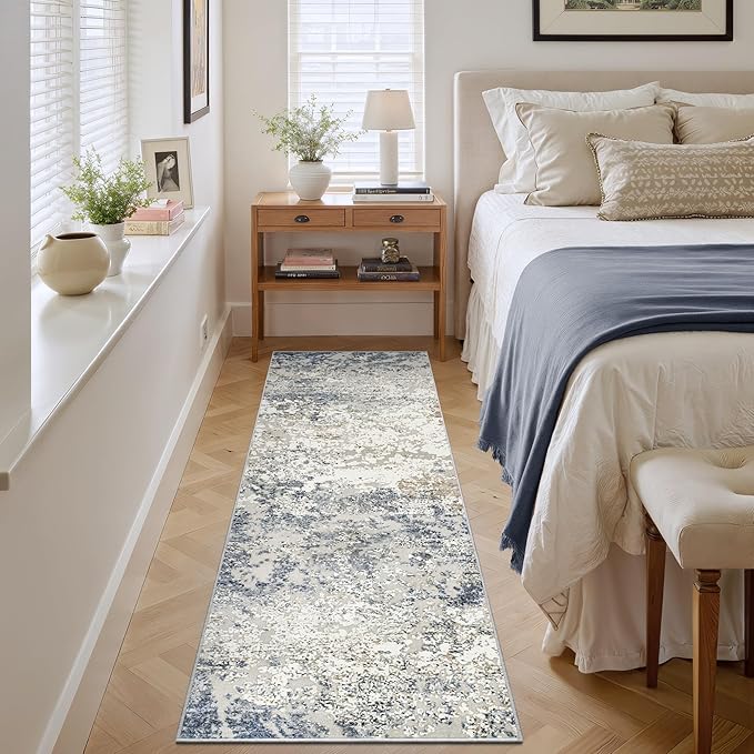 Art&Tuft Runner Rug 2'6"x8' - Anti-Slip Backing Abstract Hallway Rug, Stain Resistant Kitchen Runner, Foldable Machine Washable Runner Rug(2'6"x8', Blue)