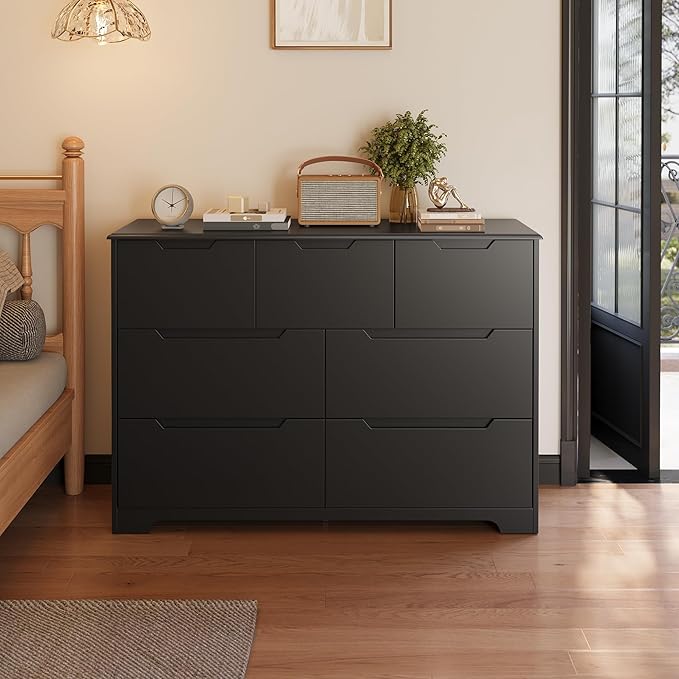 Gizoon 7 Drawer Dresser, 48" Wide Wood Chest of Drawers for Bedroom, Black Modern Storage Organizer, Handle Free Design, Living Room, Kids Room, Entryway, Hallway, Black
