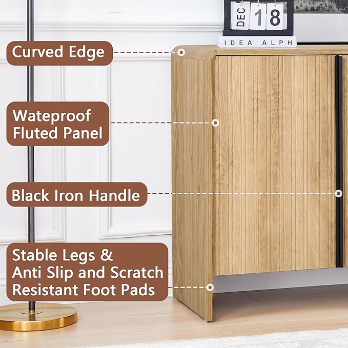 Bifins 31.5” Fluted Sideboard Buffet Cabinet with Storage,Mid Century Modern Small Wood Storage Cabinet with Arched Profile for Dining Room Kitchen Living Room (Oak 1pc)
